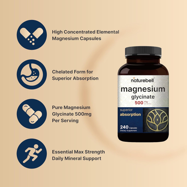 NatureBell Magnesium Glycinate Capsules 500mg – 240 Capsules - Image 2